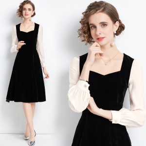 Real shot spot splicing base velvet dress French retro Hepburn style dress