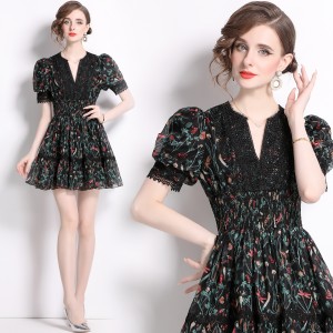 Real time spot French retro printed dress V-neck lace elastic waist slimming tea break skirt