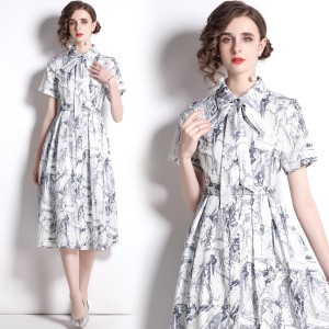 Real shot spot single breasted shirt skirt French retro printed short sleeved dress with tie and belt included