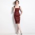 Real shot spot velvet spliced mesh suspender skirt with fishbone folds, slimming dress