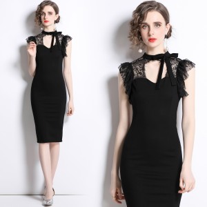 Real shot spot black lace dress sexy hip hugging skirt Roman cotton