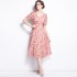 Real shot vintage French tea break skirt with floral short sleeves, long dress with V-neck and bubble sleeves, slimming down