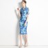 Real time spot niche printed short sleeved dress for women's mid to long length, slim fit, hip hugging skirt