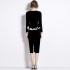 Real shot spot Hepburn style square neck long sleeved lace patchwork hollow waist black slimming dress for women