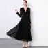 Real time spot black dress with waist cinched pleated skirt, long sleeved flowing V-neck long skirt