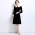 Real time spot new French retro waist cinching slimming Hepburn style gold velvet long skirt black dress