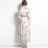 Real time spot French retro seven quarter sleeve floral dress, new printed long dress with belt included