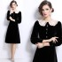 Real time spot new French retro waist cinching slimming Hepburn style gold velvet long skirt black dress