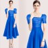 Real time spot French Hepburn style temperament solid color waist slimming big hem square collar dress