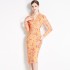 Real shot spot mesh long sleeved dress, new printed tea break dress, waist cinched V-neck wrapped hip skirt dress