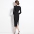 French Hepburn style contrasting color patchwork petal collar dress slim fit black mid length skirt