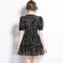 Real time spot French retro printed dress V-neck lace elastic waist slimming tea break skirt