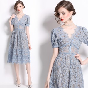 Real time spot large swing skirt retro classic lace high waisted single breasted V-neck dress