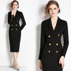 Real shot spot suit collar Roman cotton slim fit and slimming Hepburn French black dress long dress