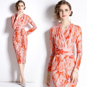 Real time spot printed dress for early autumn, new orange mesh V-neck lace up slim fit mid length skirt for women