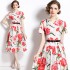 Real shooting spot 2023 new printed pattern round neck retro mid waist short sleeved waist dress