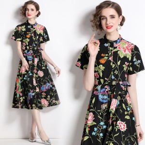 Real time spot European and American fashion show new positioning printed short sleeved cardigan big swing dress