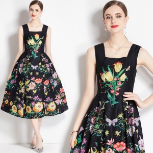 Real shot French retro printed high waisted camisole dress in stock