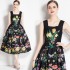 Real shot French retro printed high waisted camisole dress in stock