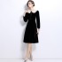 Real time spot new French retro waist cinching slimming Hepburn style gold velvet long skirt black dress