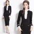 French Hepburn style contrasting color patchwork petal collar dress slim fit black mid length skirt