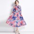 Real time stock long sleeved vacation style big swing chiffon printed big swing dress