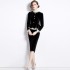 Real shot spot Hepburn style square neck long sleeved lace patchwork hollow waist black slimming dress for women