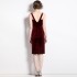 Real shot spot velvet spliced mesh suspender skirt with fishbone folds, slimming dress