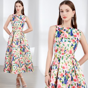 Real time stock sleeveless high waisted dress with three-dimensional cutting and waist cinching A-line skirt