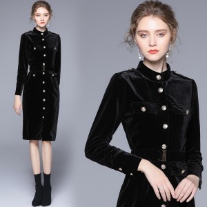 Real time spot women's standing collar long sleeved single breasted lace up commuting velvet dress women's windbreaker