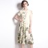 Real shot spot short sleeved printed waist slimming mid length dress with waist belt included