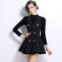 Real shot black V-neck sleeveless dress with double breasted buttons, waist cinched, pleated and fluffy short skirt, sweater set