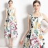 Real shot French retro printed high waisted camisole dress in stock