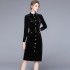 Real time spot women's standing collar long sleeved single breasted lace up commuting velvet dress women's windbreaker