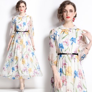 Real time spot French retro seven quarter sleeve floral dress, new printed long dress with belt included