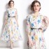 Real time spot French retro seven quarter sleeve floral dress, new printed long dress with belt included