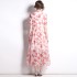 Real shot spot doll collar printed chiffon five quarter sleeve long dress with bellflower stem French 2023 new