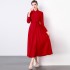 Real time spot European station temperament high-end dress, red long dress, waist cinched pleated dress