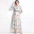 Real time spot French retro seven quarter sleeve floral dress, new printed long dress with belt included