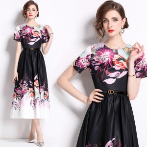 Real time spot French niche design positioning printed Hepburn style round neck short sleeved dress with belt included