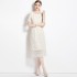 Real time spot French waist cinched white lace dress, slimming and embroidered mid length skirt