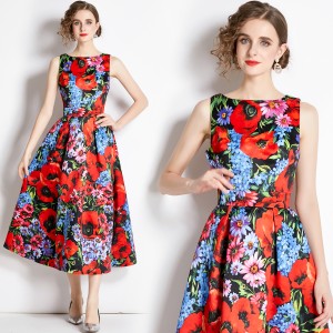 Real time stock sleeveless high waisted dress with three-dimensional cutting and waist cinching A-line skirt