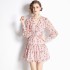 Real shot spot chiffon floral hot stamping waist slimming printed dress