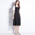 Real shot spot satin patchwork white bubble sleeves slim fit and slimming black dress