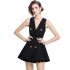 Real shot black V-neck sleeveless dress with double breasted buttons and waist cinched pleated short skirt