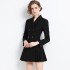 Real shot black waist cinched pleated suit dress, jacket, and dress in stock