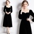 Real shot spot square neck velvet dress, French retro Hepburn style dress