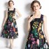 Real shot French retro printed high waisted camisole dress in stock