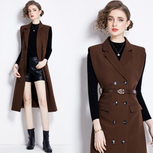 Real shot spot knitted base sweater versatile retro double breasted suit dress two-piece set