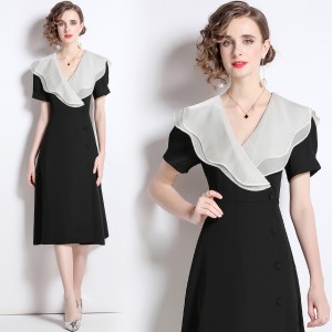 Real shot spot French Hepburn style lotus leaf edge dress for women in summer, niche, belly covering and slimming dress